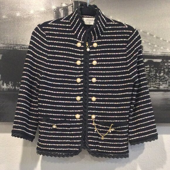 St John Collection Marie Gray Jacket Sz SP Black Stripe Santana Knit Charm Chain - Picture 1 of 11
